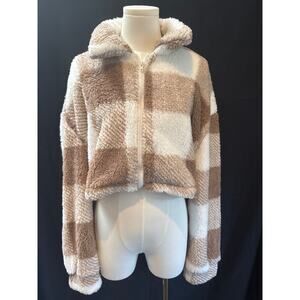 Plaid Cropped Sherpa Jacket With Zip Closure & High Collar